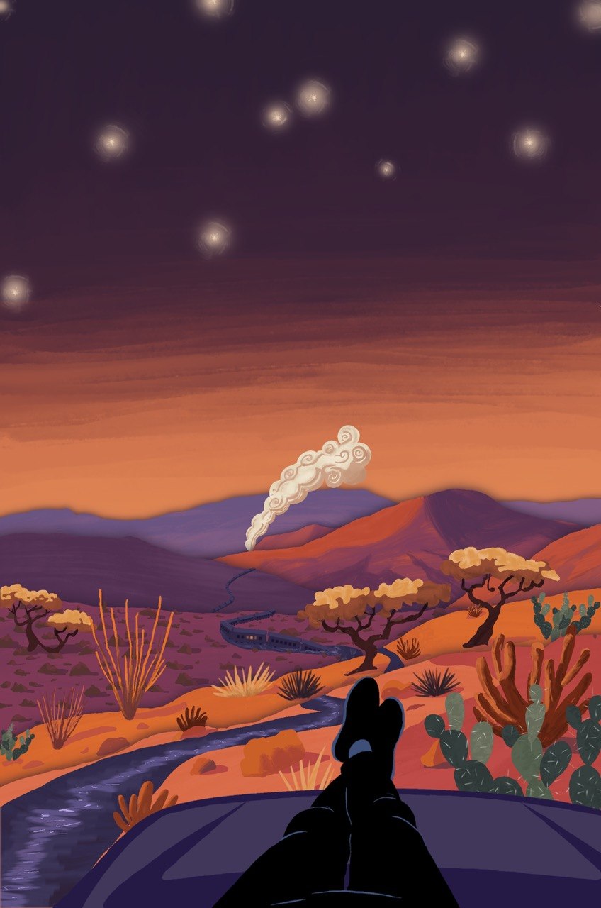 Portada de Toda la culpa es de Cabral: un atardecer de altiplano con un tren, montañas y un cielo estrellado.